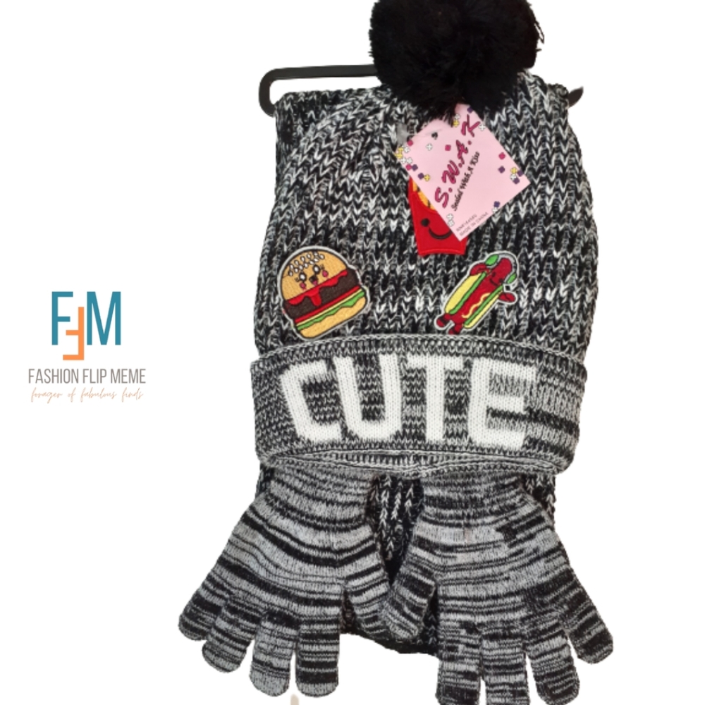 S.W.A.K. Black & Gray CUTE 3pc PomPom Food Hat Scarf Glove Set OS Unisex New!